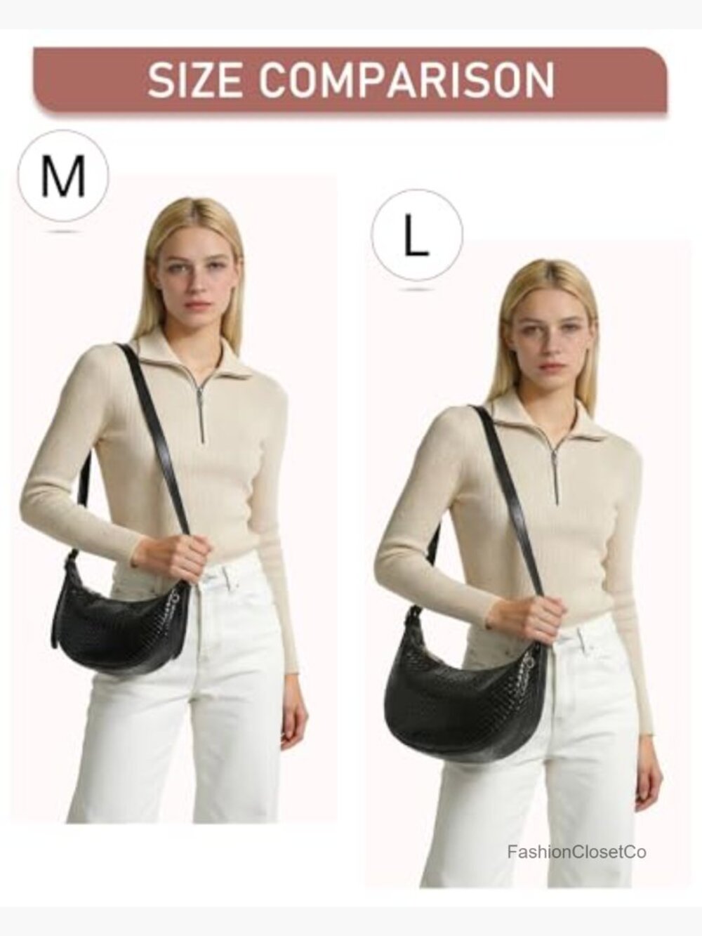 Woven Crescent Shoulder Bag 2PC Vegan Leather Hobo Crossbody Handbag with Small - Picture 5 of 7